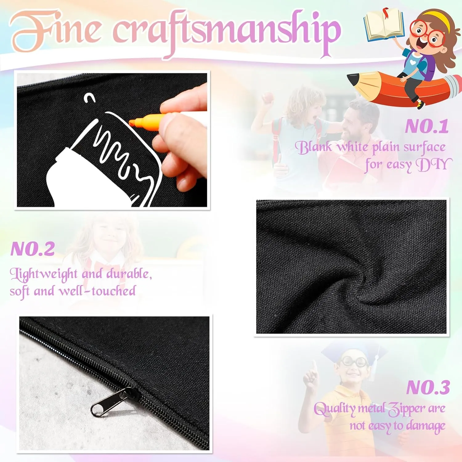 Fainne 100 Pieces Blank DIY Craft Canvas Makeup Bags Bulk Canvas Pencil Pouch 7.1 x 4.3 Inch Blank Zipper Pouch Multi Purpose Cosmetic Bags Pencil Case for Pen Travel Women(Black)