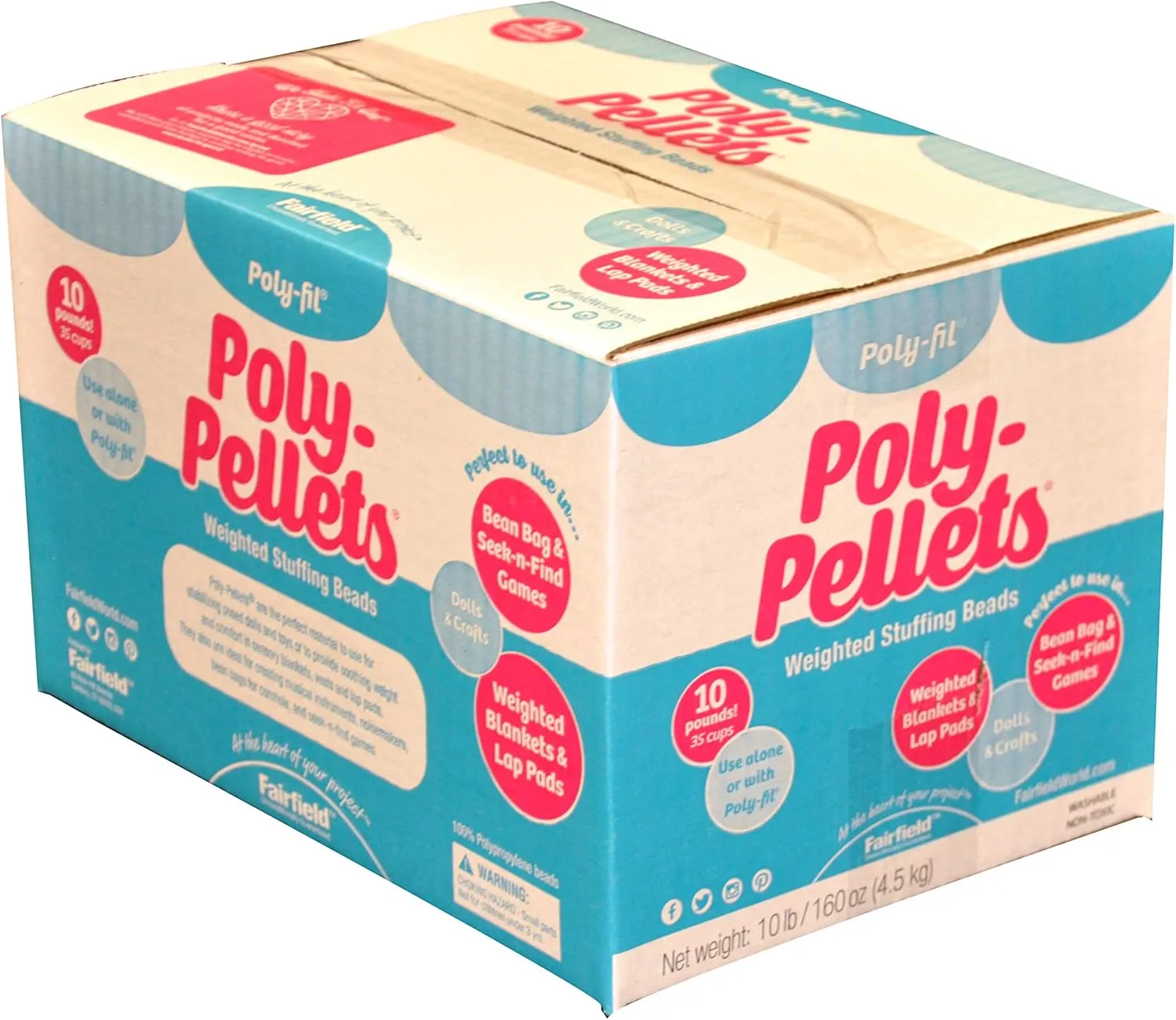 Fairfield Poly-Fil Poly-Pellets, Premium Polyester Weighted Stuffing Beads, Stuffing for Stuffed Animals, Toys, Bean Bags, Weighted Blankets, and More, 10-Pound Box, White