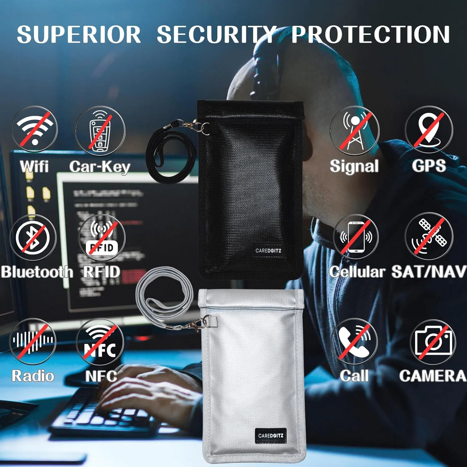 Faraday Bags for Phones - Faraday Bag for Key Fob Protector with Lanyard, RFID Signal Blocker for Car Keys Anti-Theft, Cell Phone Jammer Blocking Pouch Anti-Hacking, Shielding Case 2 Packs