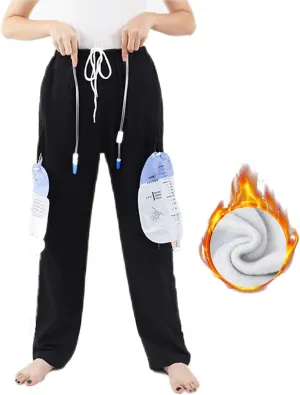 Fleece Lined Catheter Leg Bag Pants - Urine Bag Pants with Double Pockets for Men & Women - Holds (2) 2000ml Leg Bags - Compatible with Nephrostomy, Foley, Suprapubic & Biliary Catheters (Black，M)