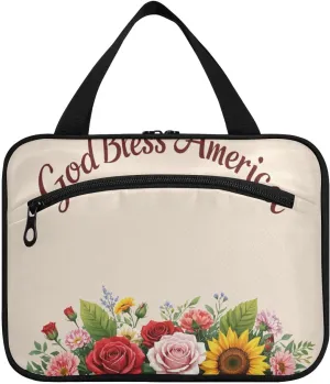 Flowers 4th Of July Independence Day Colorful hanging travel cosmetic bags with hook, designer portable skincare bag for trip essentials toilet maletín para maquillaje L