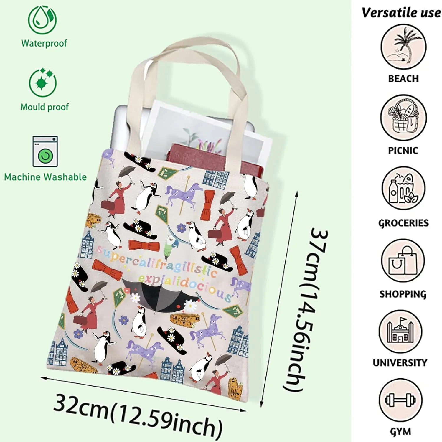 FOTAP Mary Inspire Tote Bag Supercalifragilistic Umbrella Mary Handbag Mary Musicals Lover Gift Mary Movie Shoulder Bag