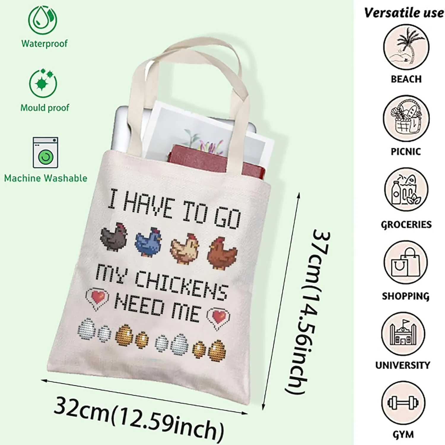 FOTAP Valley Game Inspired I Have To Go My Chicken Need Me Tote Bag Video Game Gifts Pixel Chicken Lover Gift Gamer Gift