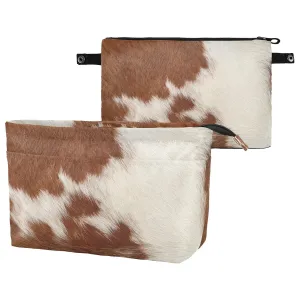 Fragment of a Skin of a Cow Brown White Mixed Color Real Cow Skin Women Cosmetic Storage Handbag Case Portable Coin Purse, Makeup Bag Toiletry Handbag Organizer, Large Ladies Pouch Holder S