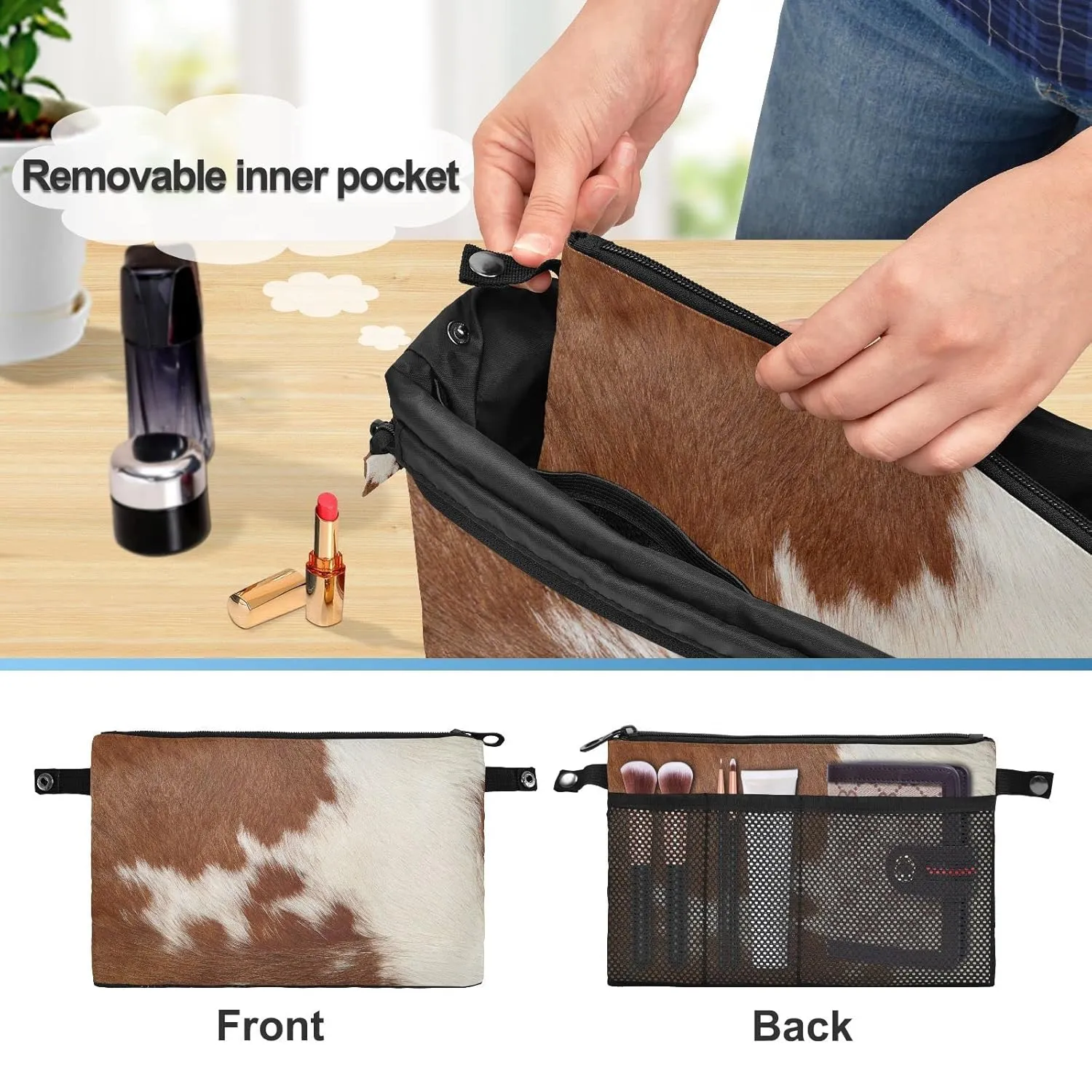 Fragment of a Skin of a Cow Brown White Mixed Color Real Cow Skin Women Cosmetic Storage Handbag Case Portable Coin Purse, Makeup Bag Toiletry Handbag Organizer, Large Ladies Pouch Holder S