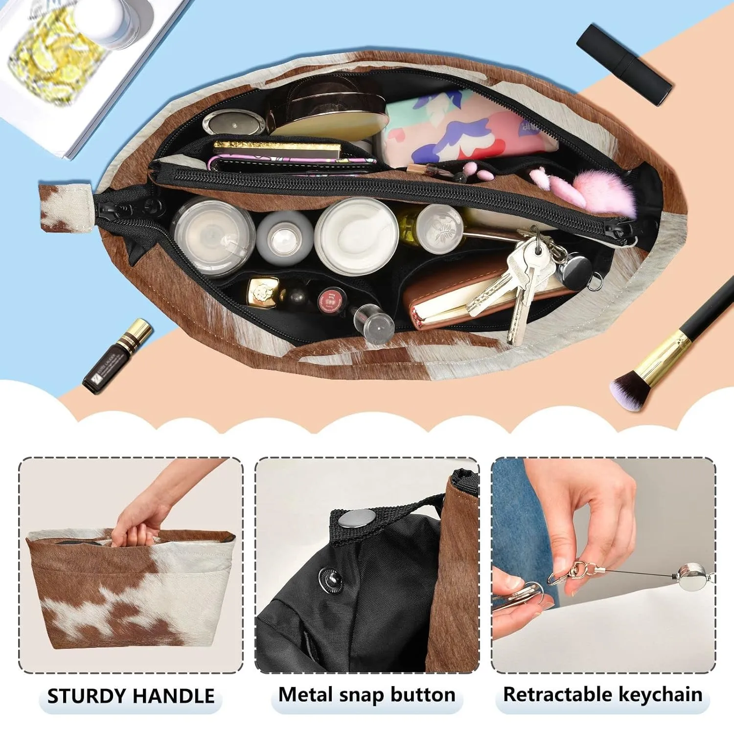 Fragment of a Skin of a Cow Brown White Mixed Color Real Cow Skin Women Cosmetic Storage Handbag Case Portable Coin Purse, Makeup Bag Toiletry Handbag Organizer, Large Ladies Pouch Holder S