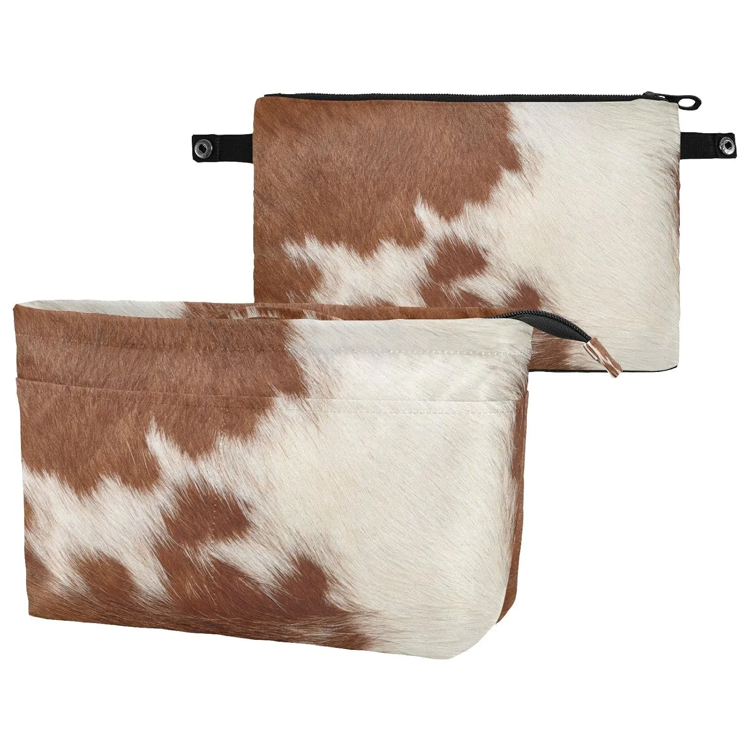 Fragment of a Skin of a Cow Brown White Mixed Color Real Cow Skin Women Cosmetic Storage Handbag Case Portable Coin Purse, Makeup Bag Toiletry Handbag Organizer, Large Ladies Pouch Holder S
