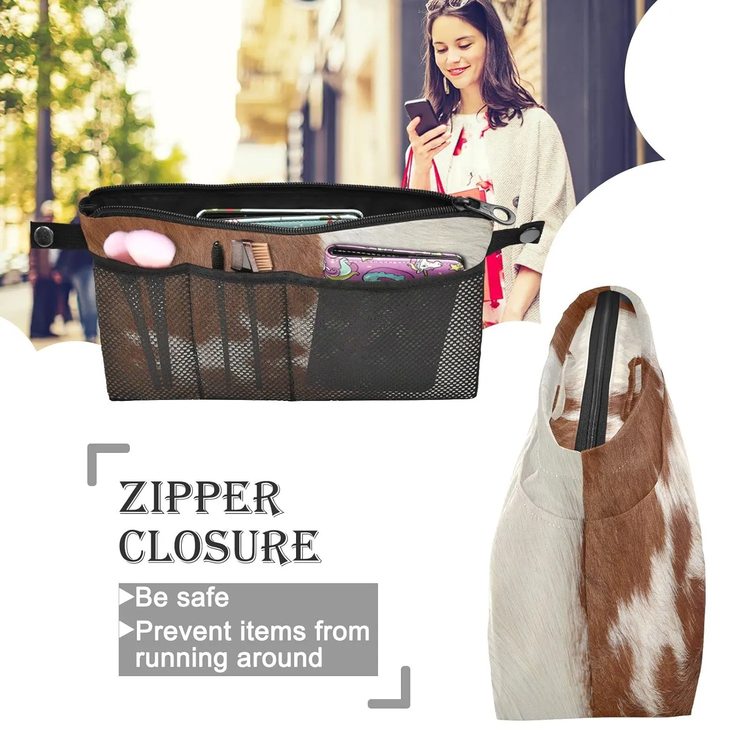 Fragment of a Skin of a Cow Brown White Mixed Color Real Cow Skin Women Cosmetic Storage Handbag Case Portable Coin Purse, Makeup Bag Toiletry Handbag Organizer, Large Ladies Pouch Holder S