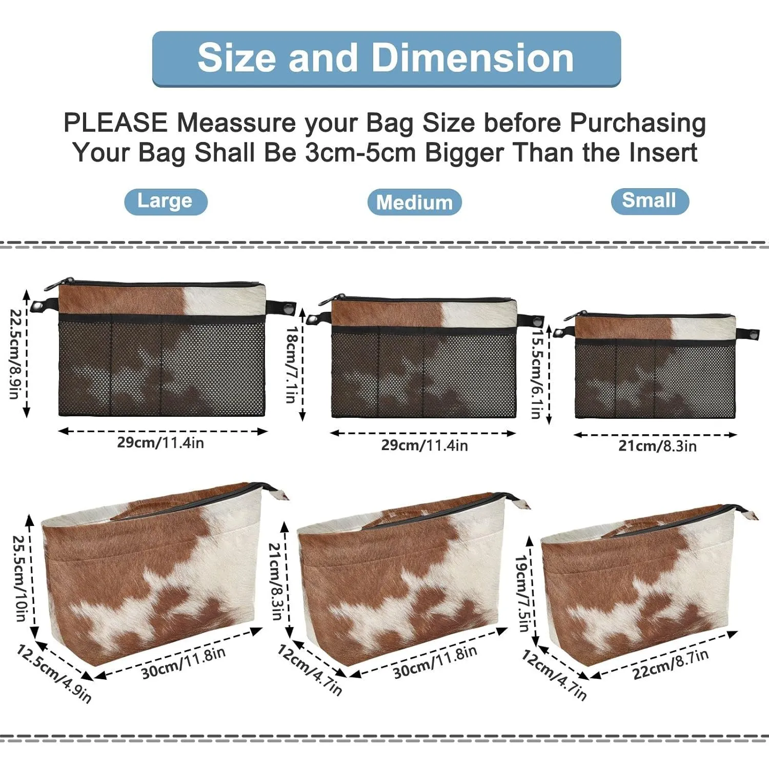 Fragment of a Skin of a Cow Brown White Mixed Color Real Cow Skin Women Cosmetic Storage Handbag Case Portable Coin Purse, Makeup Bag Toiletry Handbag Organizer, Large Ladies Pouch Holder S