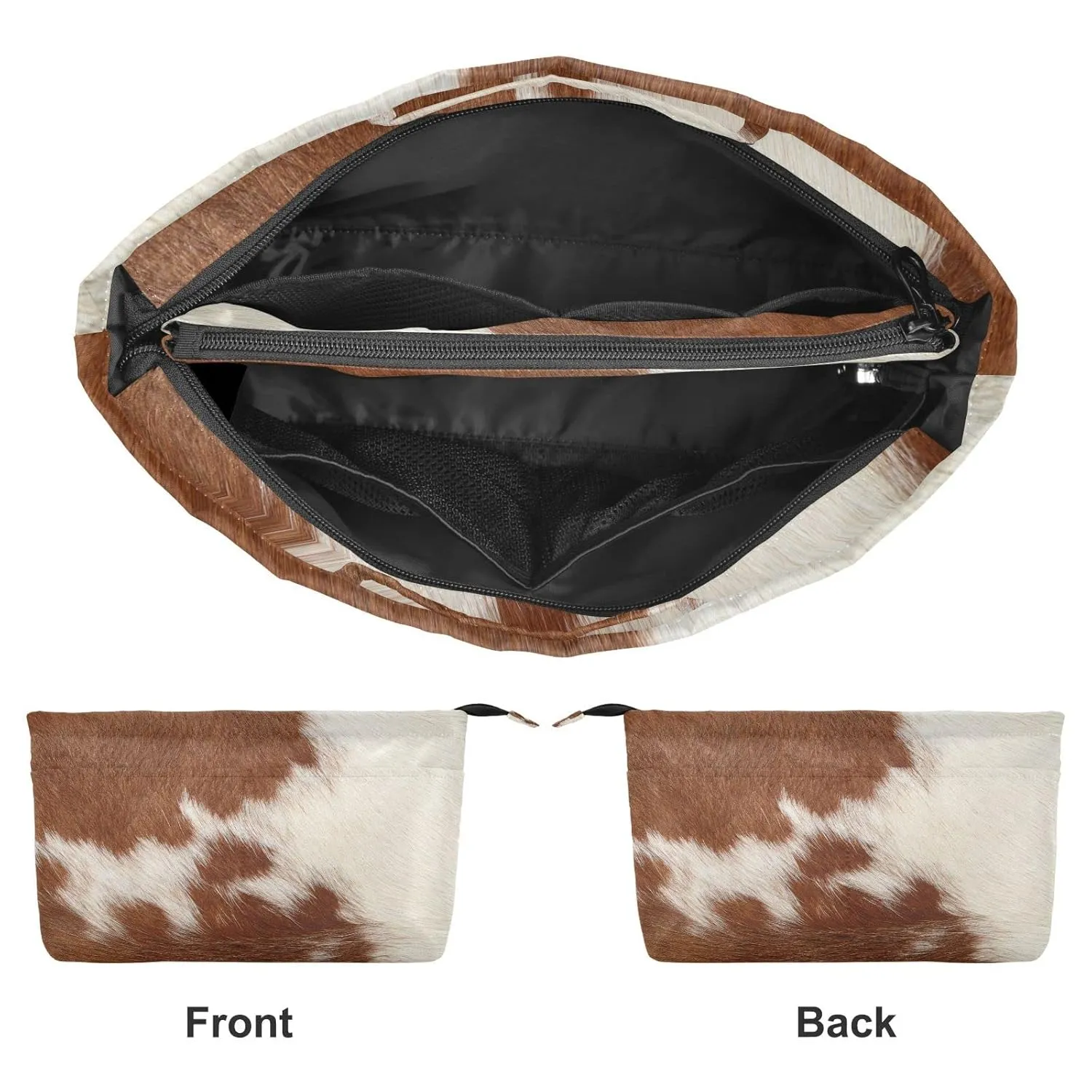 Fragment of a Skin of a Cow Brown White Mixed Color Real Cow Skin Women Cosmetic Storage Handbag Case Portable Coin Purse, Makeup Bag Toiletry Handbag Organizer, Large Ladies Pouch Holder S