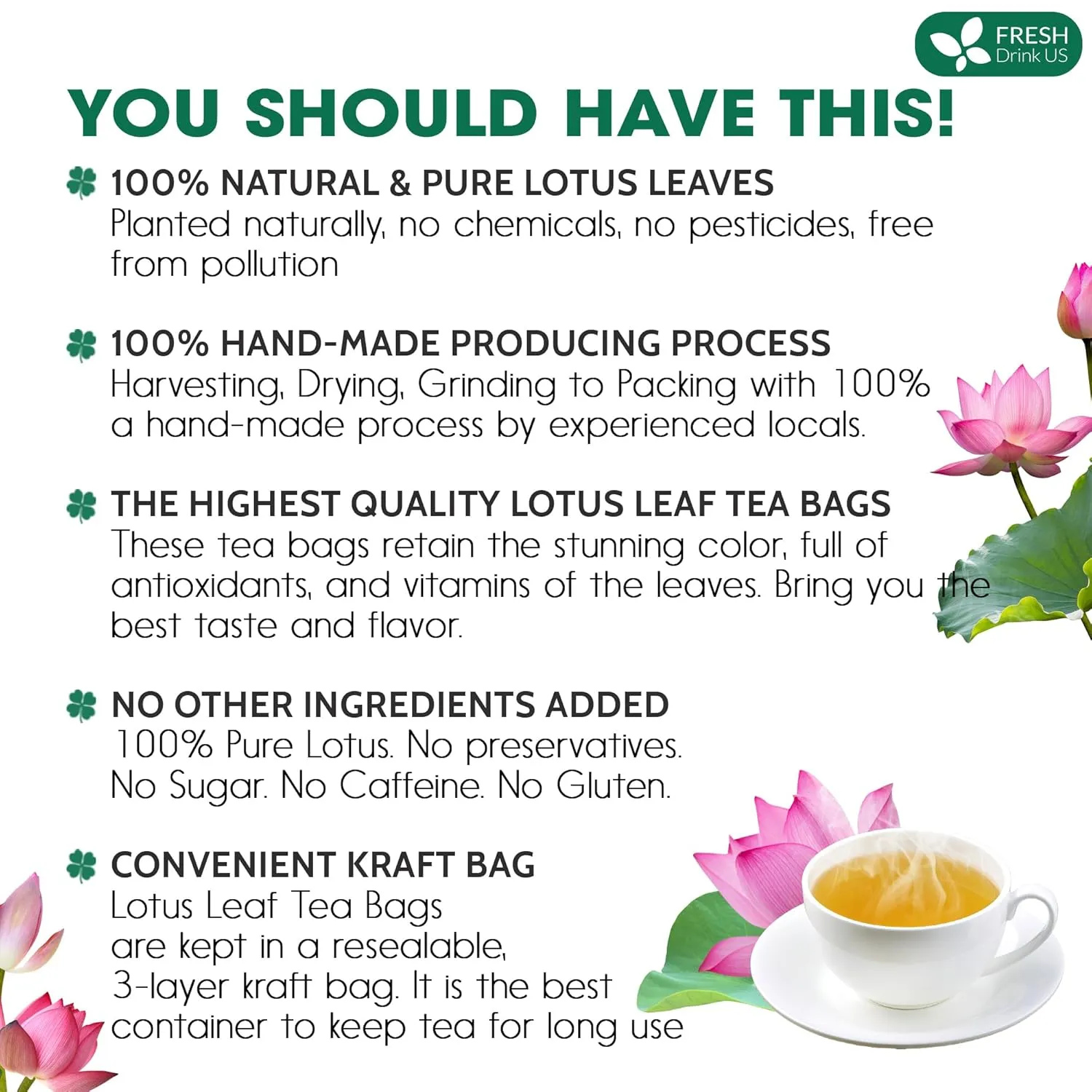 FreshDrinkUS, Premium 75 Lotus Leaf Tea Bags, 100% Natural & Pure from Lotus Leaves. Loose Leaf Lotus Herbal Tea. Made with Eco-Conscious Tea Bags. No Sugar, No Caffeine, No Gluten, Vegan.