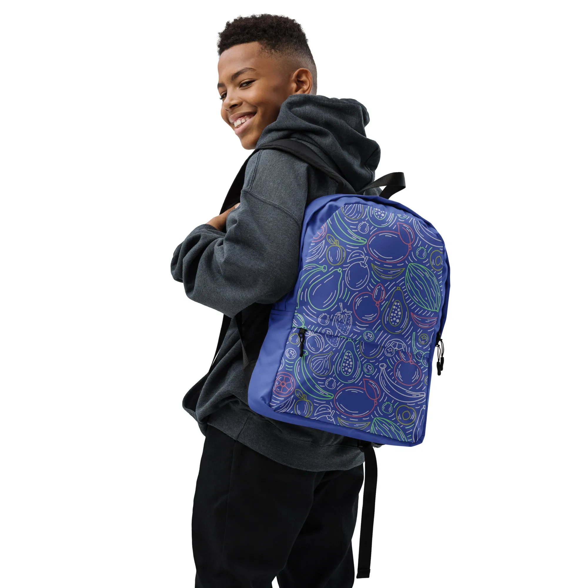Fruit Frenzy Backpack - Colorful Outlines on Blue Bliss