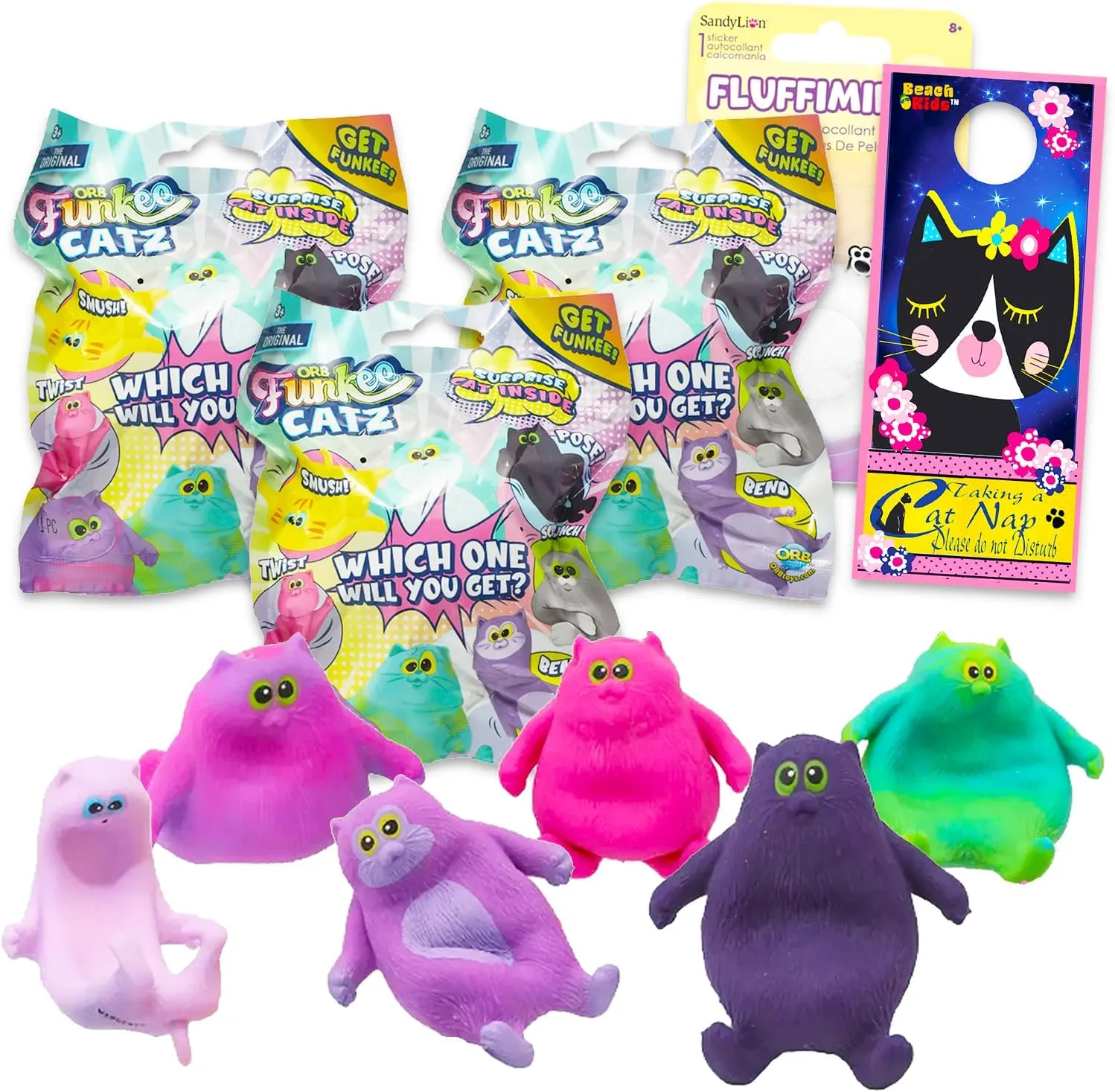 Funkee Catz Squishy Toy Mystery Pack - Funkee Catz Blind Bag Bundle with 3 Cat Figure Soft Stress Relief Toy Blind Bags Plus Stickers | Cat Squishy Figure for Kids