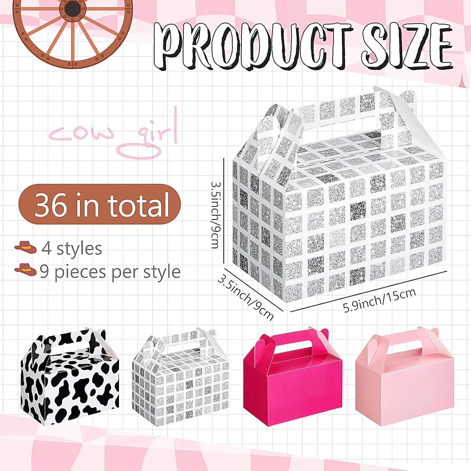 Fuyoooo 36 Pcs Disco Cowgirl Party Decorations Western Pink Cowgirl Treat Boxes Goodie Candy Cow Print Boxes with Handles for Birthday Bachelorette 80s 90s Wild West Disco Party Decorations