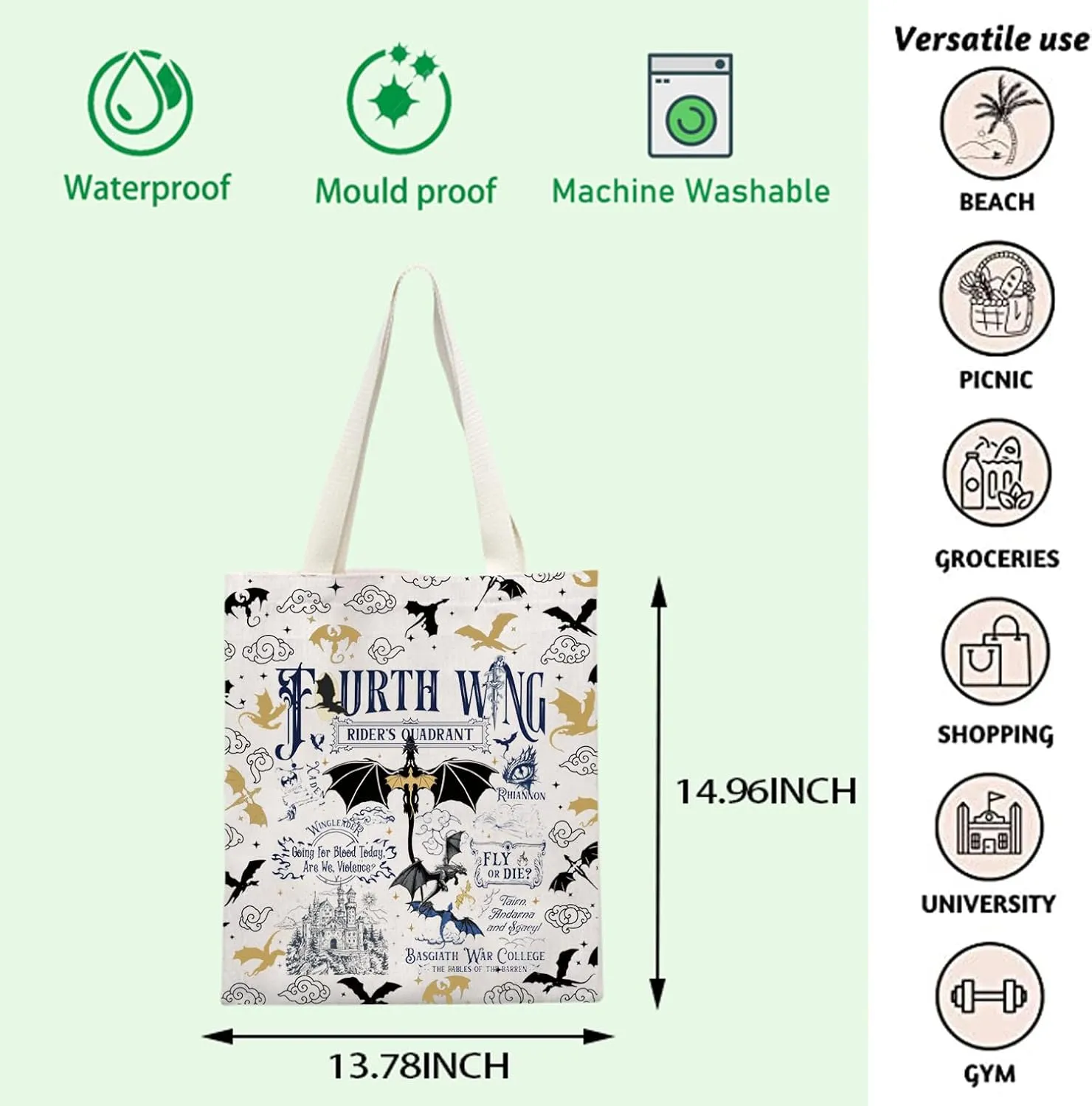 FW Merch FW Inspire Tote Bag Fly Or Die Quote Handbag Fantasy Reader Gift Dragon Rider Shoulder Bag