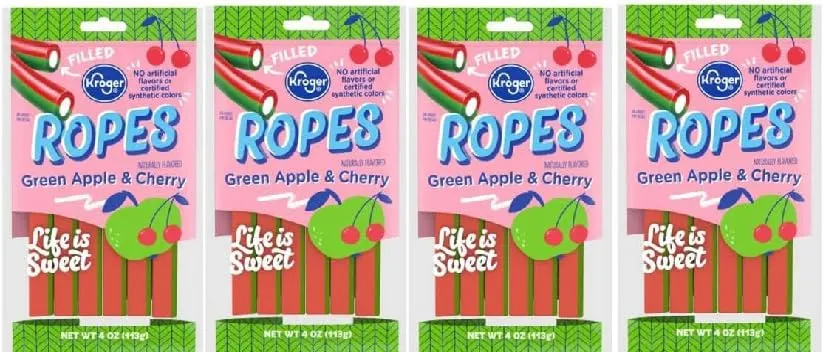 Generic Green Apple Cherry Soft & Chewy Ropes Candy (Pack Of 4 Bags) 4 oz.