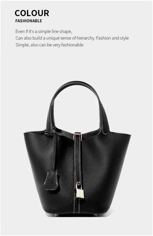 Genuine Leather Bucket Bag with Lock Closure, Vegetable Basket, Stylish and Versatile Shoulder bag, Spacious Tote Bag
