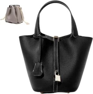 Genuine Leather Bucket Bag with Lock Closure, Vegetable Basket, Stylish and Versatile Shoulder bag, Spacious Tote Bag