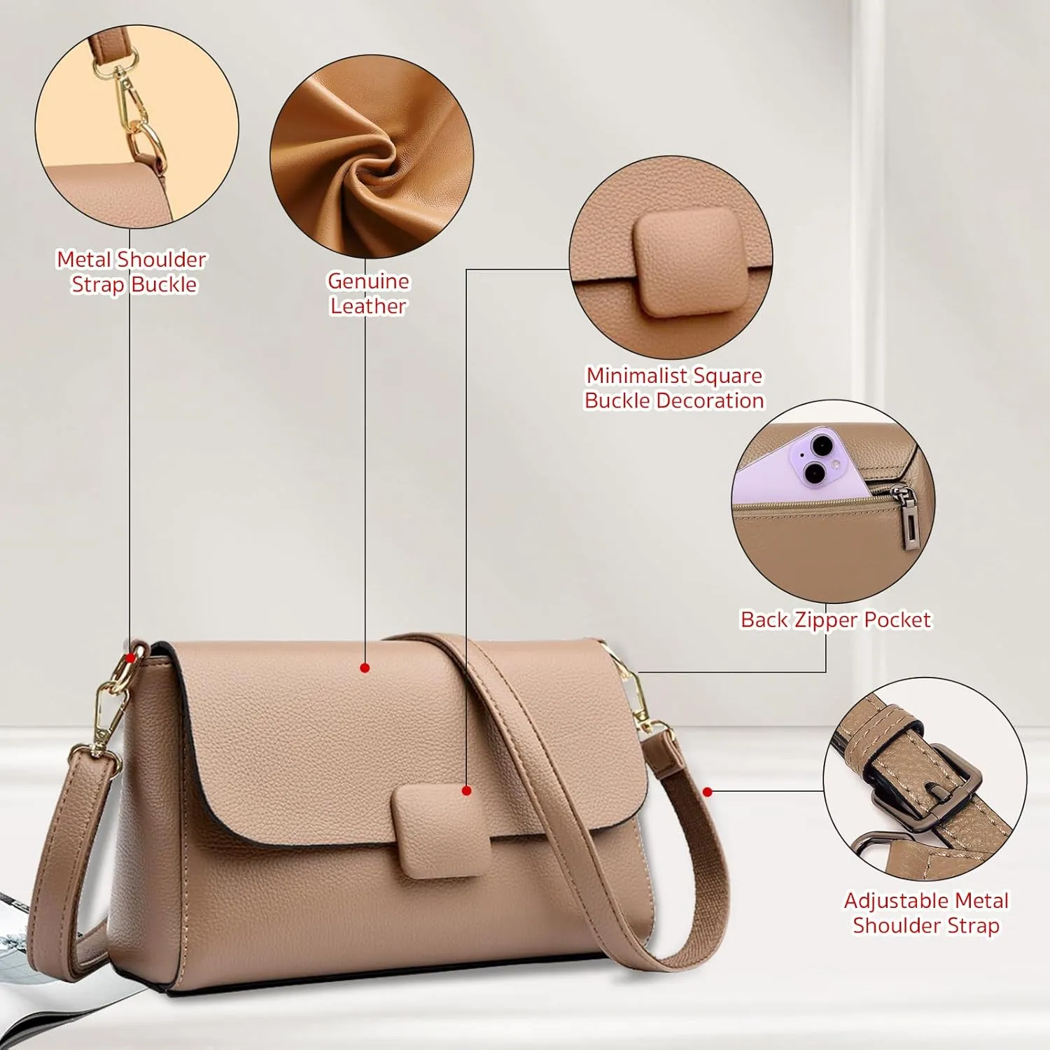 Genuine Leather Crossbody Bag for Women, Small Soft Cowhide Shoulder Purse, Magnetic Closure, Adjustable Strap
