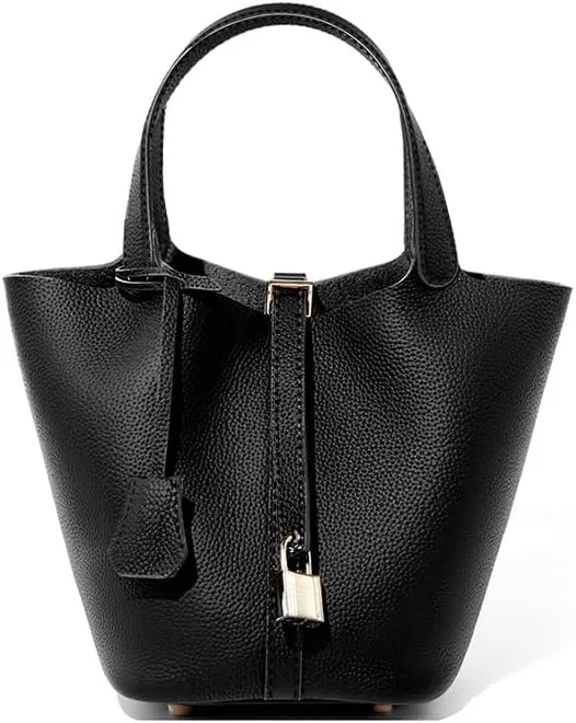 Genuine Leather Lock Design Bucket Bag Basket, Fashionable and Versatile Shoulder Handbag,satchel small hobo bag