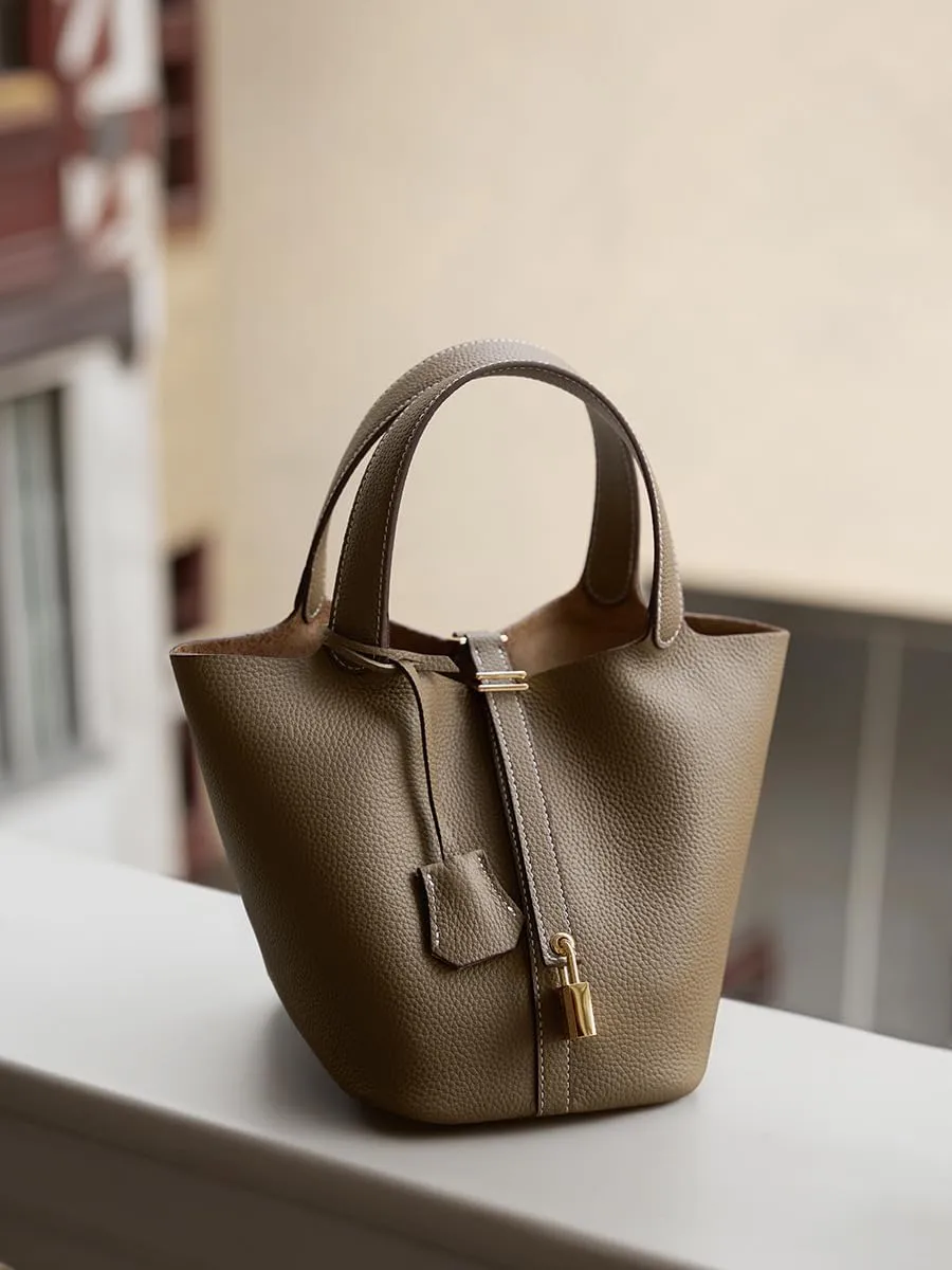 Genuine Leather Lock Design Bucket Bag Basket, Fashionable and Versatile Shoulder Handbag,satchel small hobo bag