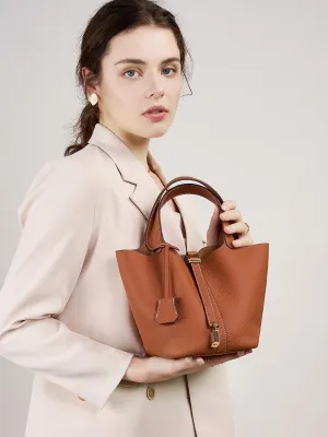 Genuine Leather Lock Design Bucket Bag Basket, Fashionable and Versatile Shoulder Handbag,satchel small hobo bag