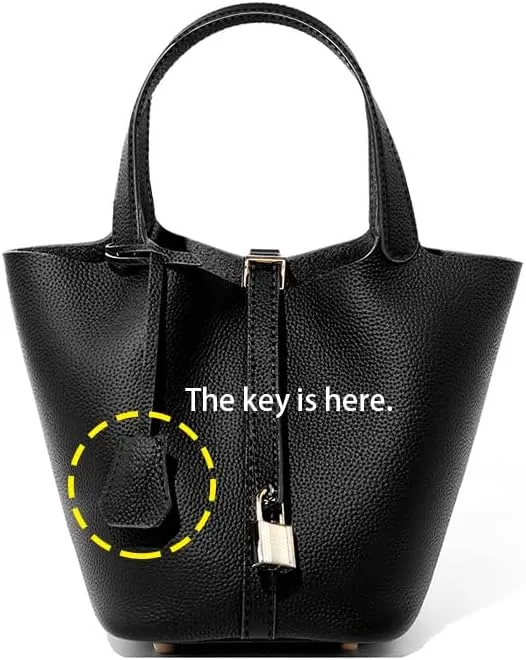Genuine Leather Lock Design Bucket Bag Basket, Fashionable and Versatile Shoulder Handbag,satchel small hobo bag