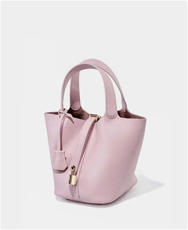 Genuine Leather Lock Design Bucket Bag Basket, Fashionable and Versatile Shoulder Handbag,satchel small hobo bag