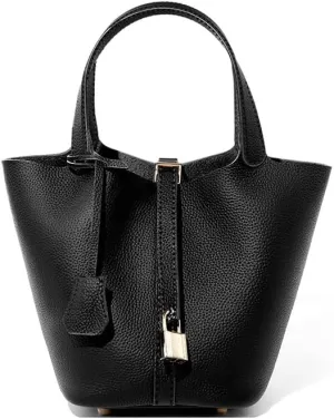 Genuine Leather Lock Design Bucket Bag Basket, Fashionable and Versatile Shoulder Handbag,satchel small hobo bag