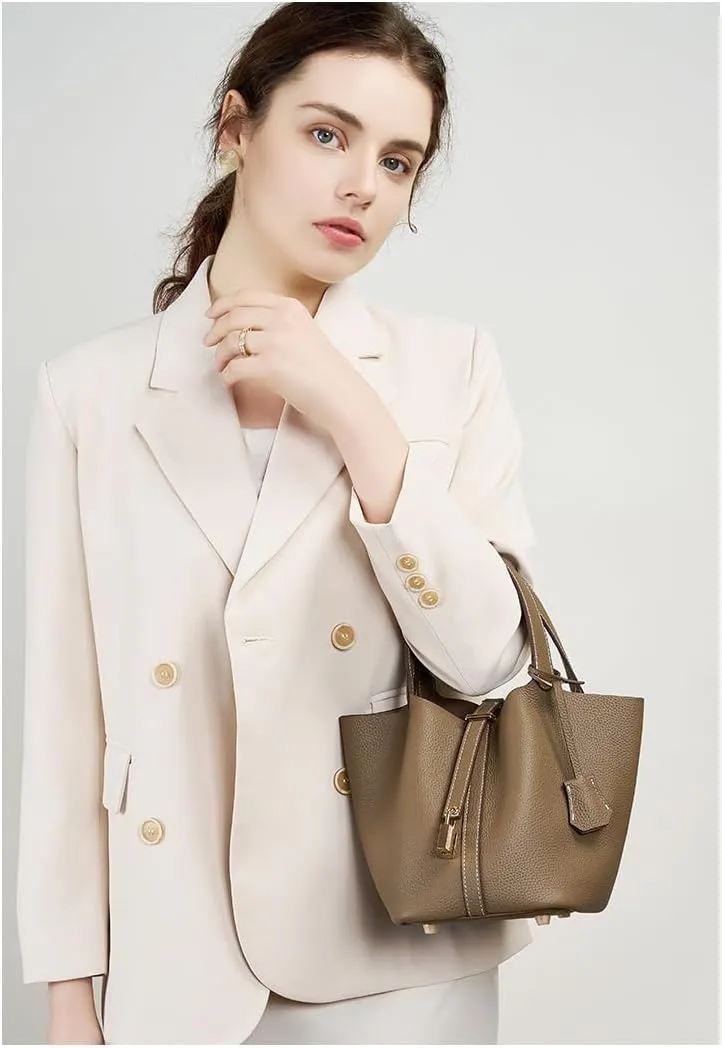 Genuine Leather Lock Design Bucket Bag Basket, Fashionable and Versatile Shoulder Handbag,satchel small hobo bag
