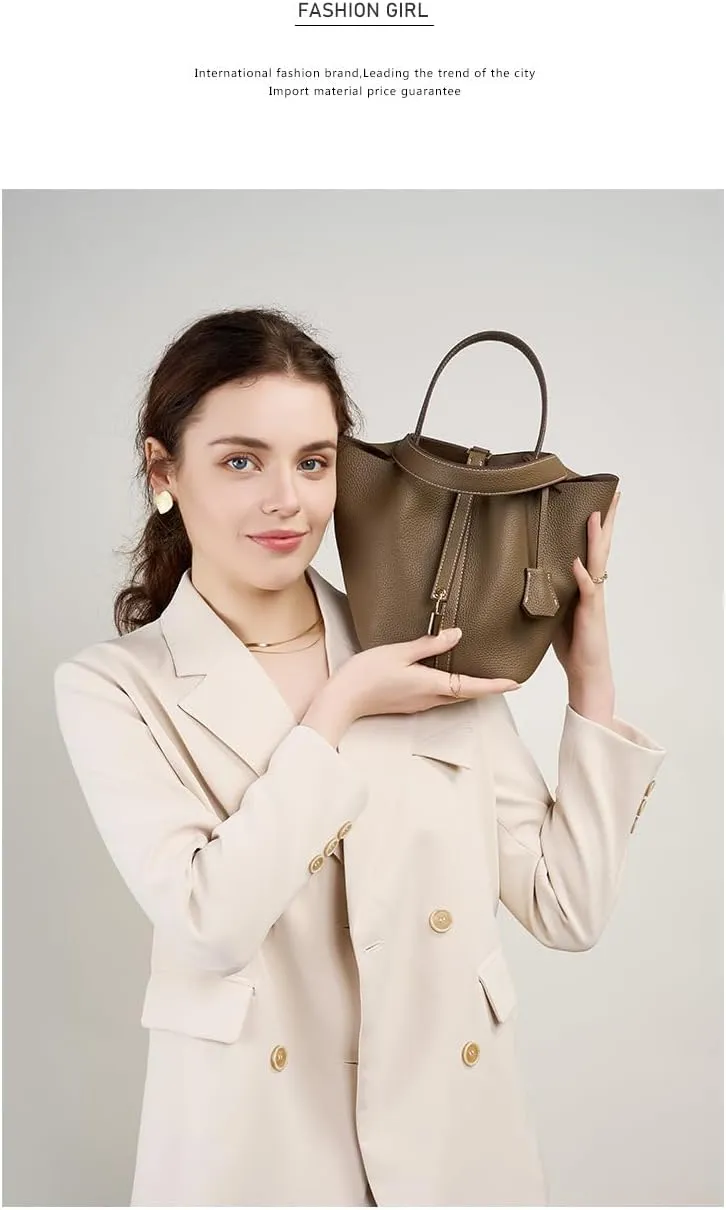 Genuine Leather Lock Design Bucket Bag Basket, Fashionable and Versatile Shoulder Handbag,satchel small hobo bag