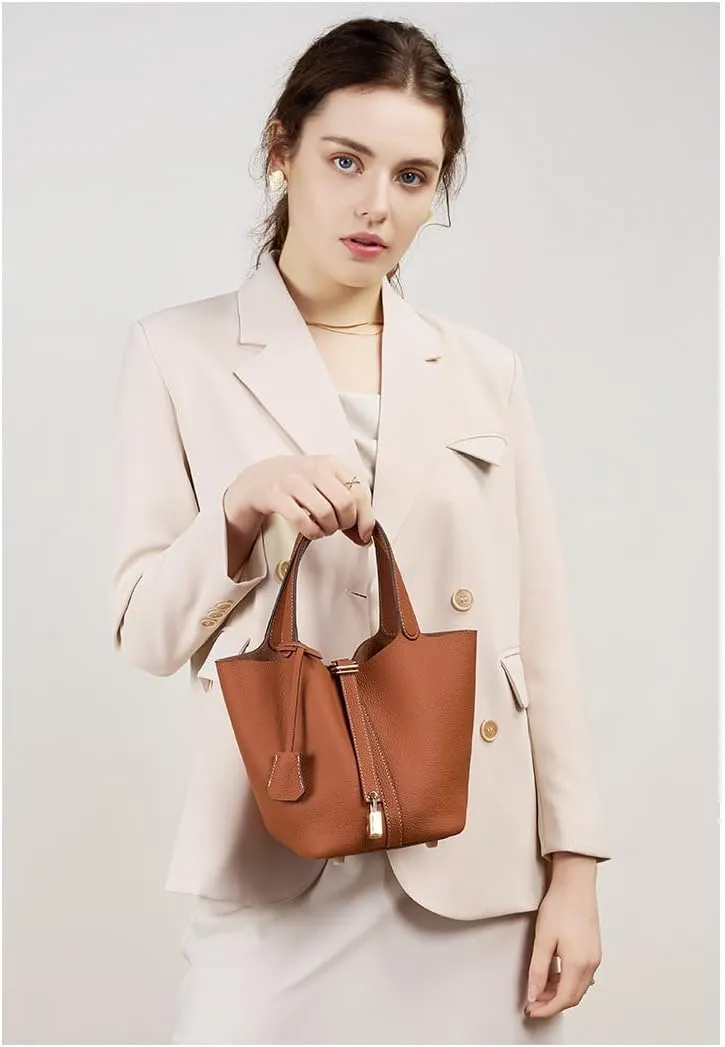 Genuine Leather Lock Design Bucket Bag Basket, Fashionable and Versatile Shoulder Handbag,satchel small hobo bag