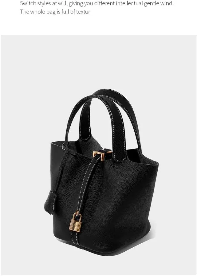 Genuine Leather Lock Design Bucket Bag Basket, Fashionable and Versatile Shoulder Handbag,satchel small hobo bag
