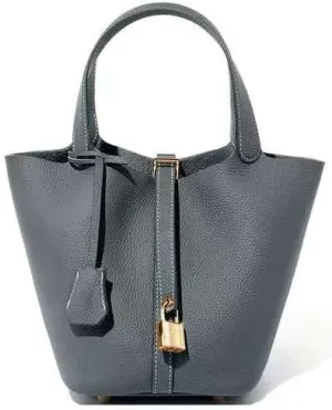 Genuine Leather Lock Design Bucket Bag Basket, Fashionable and Versatile Shoulder Handbag,satchel small hobo bag