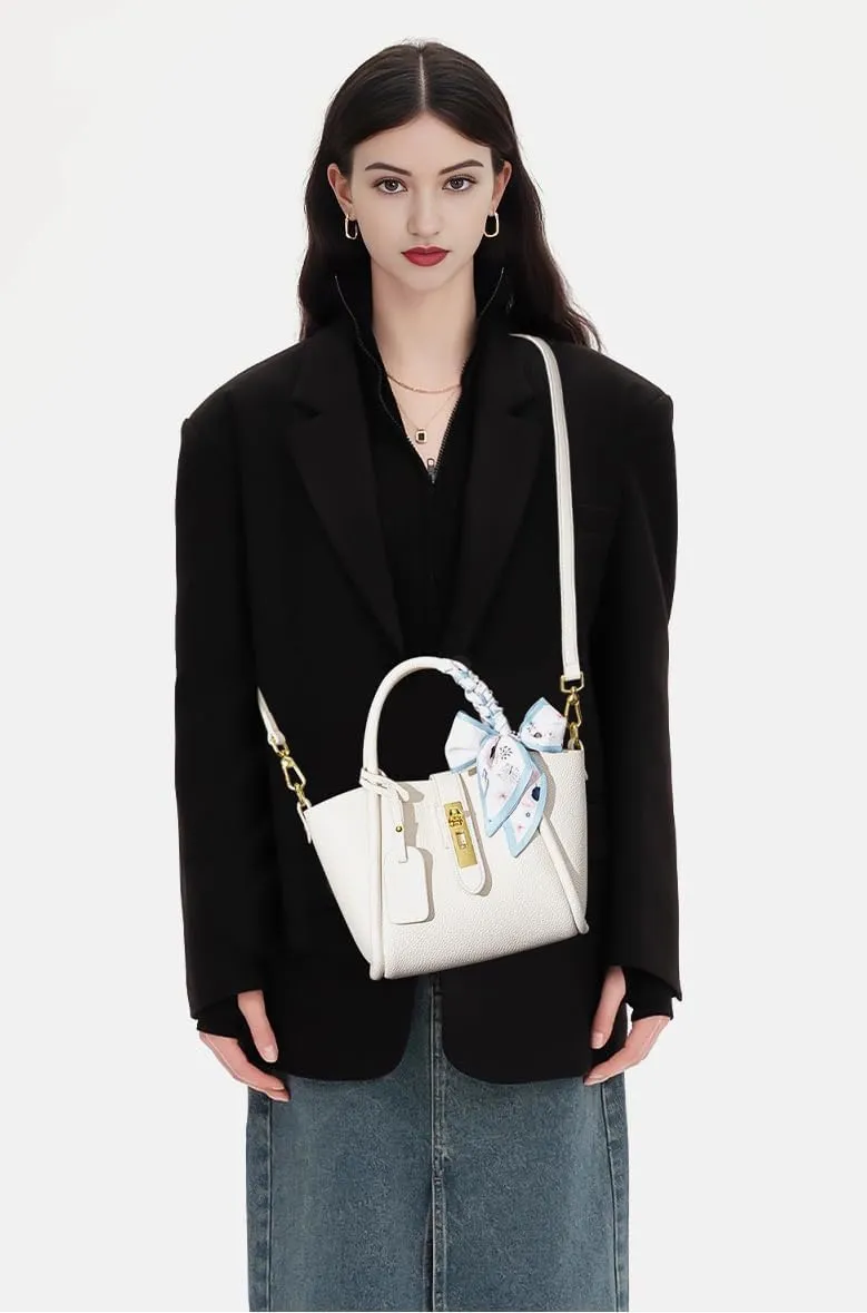 Genuine Leather Lock Design Bucket Bag Vegetable Basket, Commuting Shoulder Handbag Tote bag
