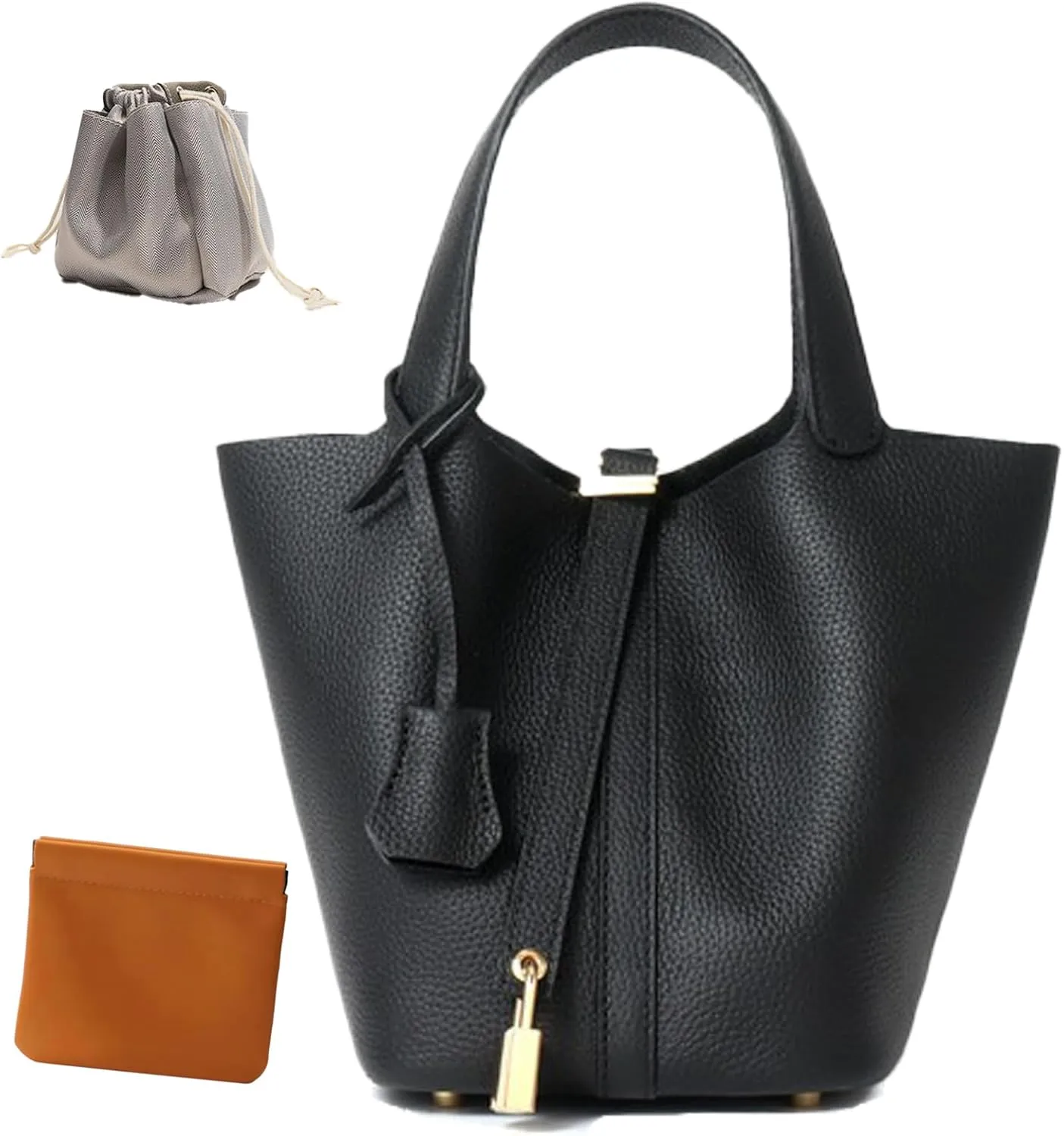 Genuine Leather Lock Design Bucket Bag Vegetable Basket, Fashionable and Versatile Shoulder Handbag