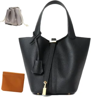 Genuine Leather Lock Design Bucket Bag Vegetable Basket, Fashionable and Versatile Shoulder Handbag