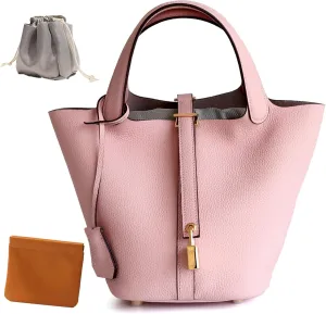Genuine Leather Lock Design Bucket Bag Vegetable Basket, Fashionable and Versatile Shoulder Handbag