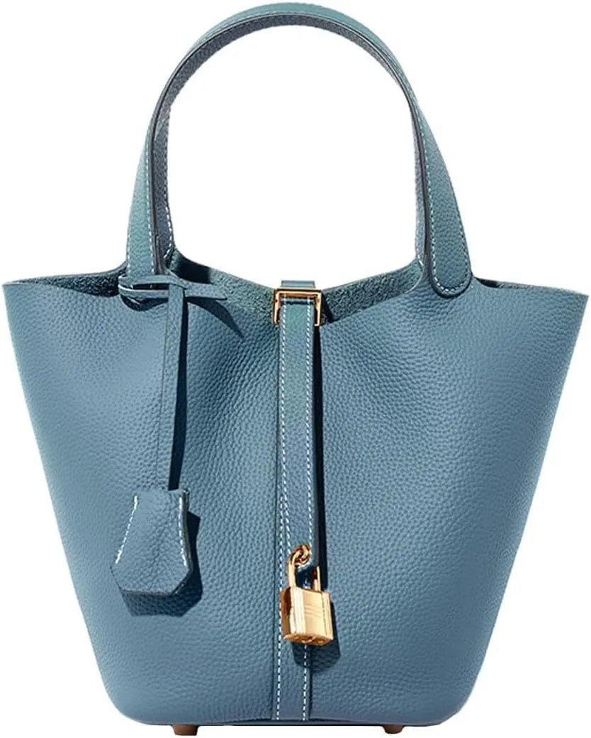 Genuine Leather Lock Design Bucket Bag Vegetable Basket Fashionable And Versatile Single Shoulder Handbag