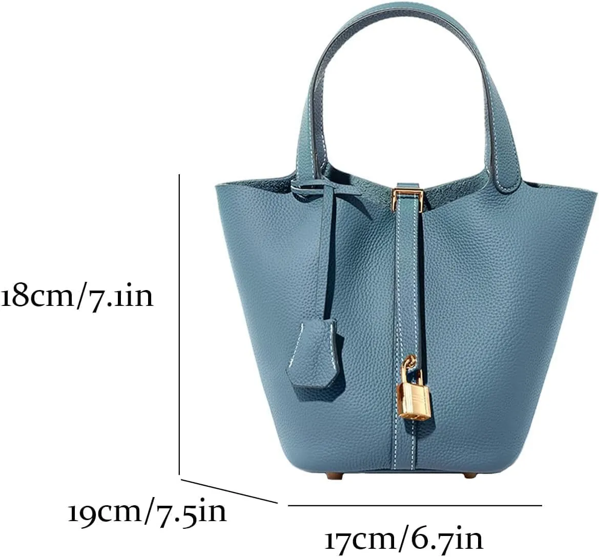 Genuine Leather Lock Design Bucket Bag Vegetable Basket Fashionable And Versatile Single Shoulder Handbag