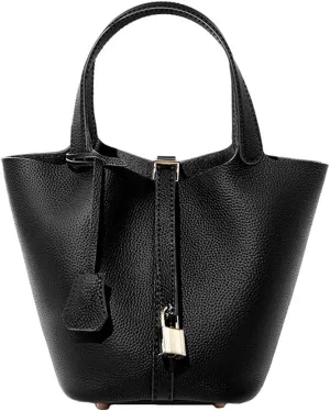 Genuine Leather Lock Design Bucket Bag Vegetable Basket Fashionable And Versatile Single Shoulder Handbag