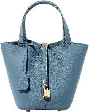 Genuine Leather Lock Design Bucket Bag Vegetable Basket Fashionable And Versatile Single Shoulder Handbag