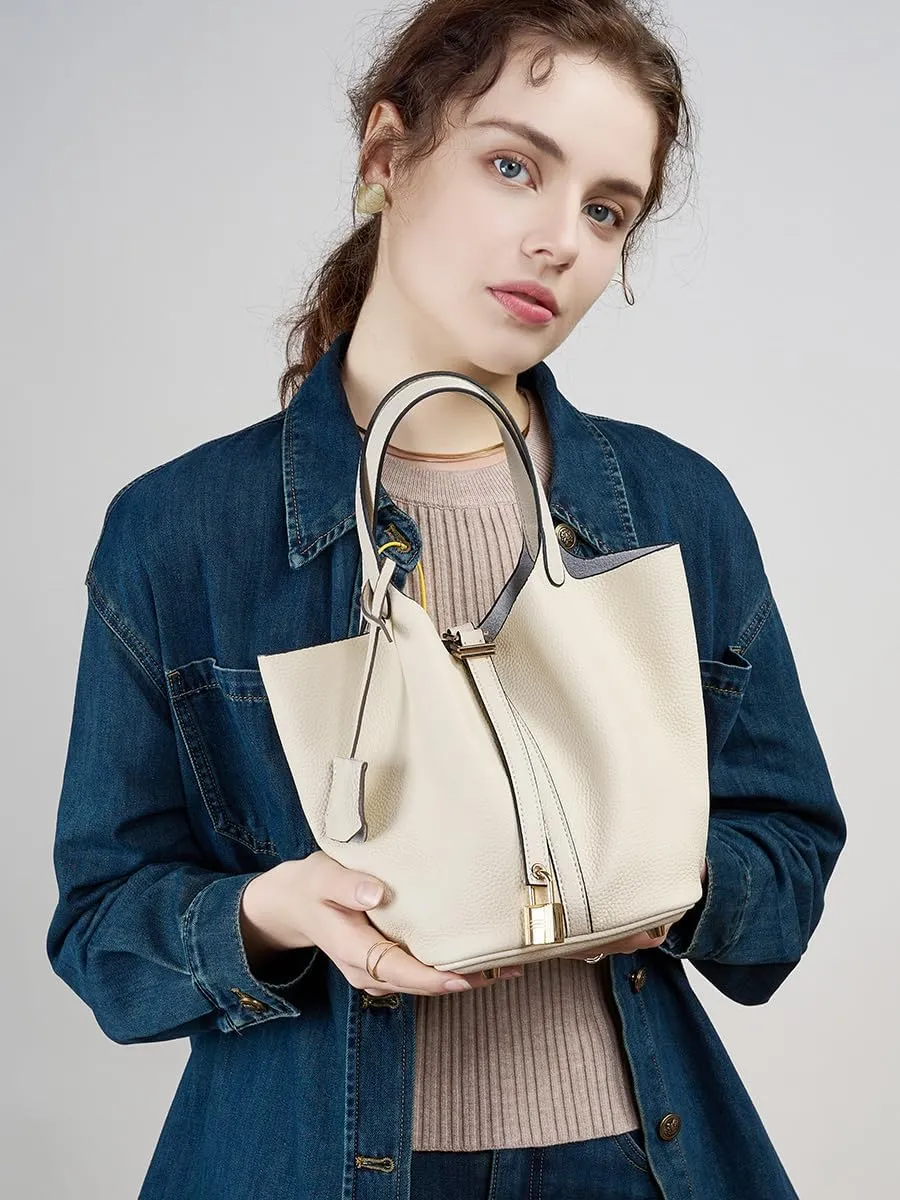 Genuine Leather Lock Design Bucket Bag Vegetable Basket for Women, Ladies' Versatile Shoulder Handbag