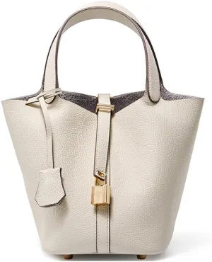 Genuine Leather Lock Design Bucket Bag Vegetable Basket for Women, Ladies' Versatile Shoulder Handbag