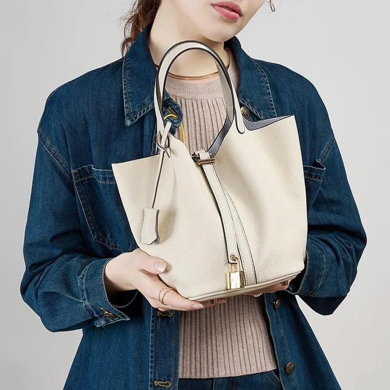 Genuine Leather Lock Design Bucket Bag Vegetable Basket for Women, Ladies' Versatile Shoulder Handbag