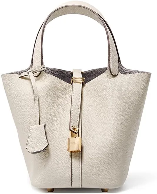 Genuine Leather Lock Design Bucket Bag Vegetable Basket for Women, Ladies' Versatile Shoulder Handbag