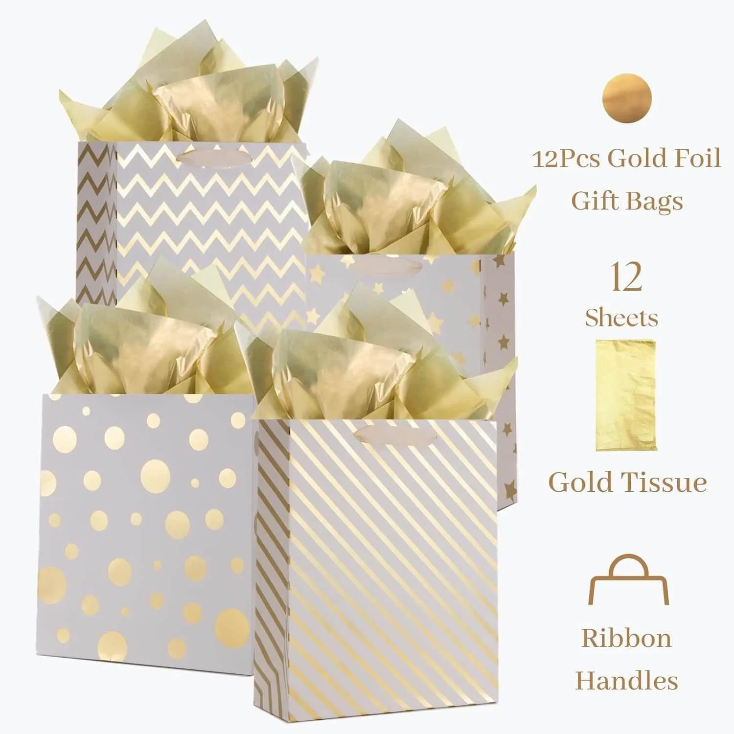 Geometric Shapes Prints Large Gift Bags Bulk with Tissue Paper, Pack of 12