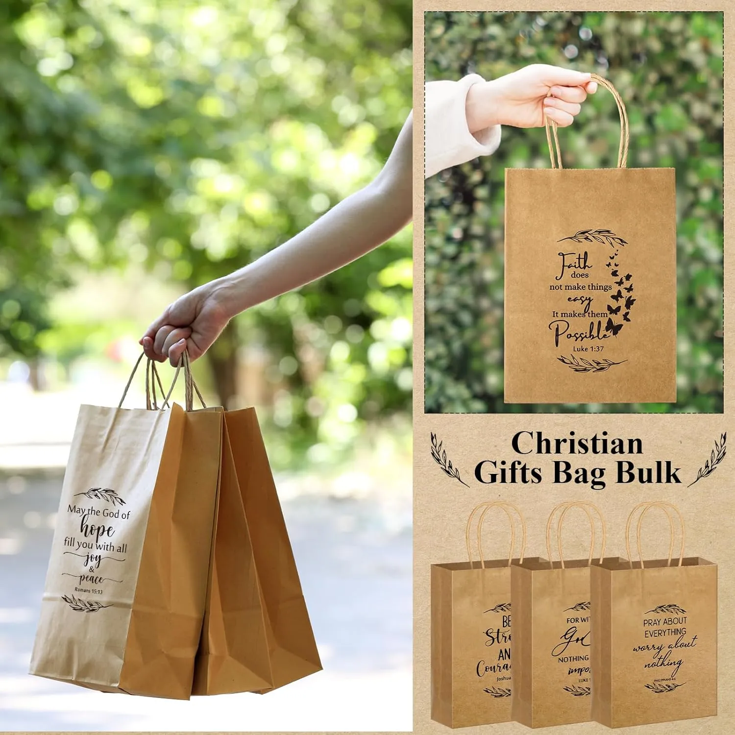 Gersoniel Christian Gift Bag Bulk Religious Kraft Medium Bible Verse Brown Christian Inspirational Church Welcome Gift Bags with Handle for Fathers Day Family Baptism(60 Pcs)