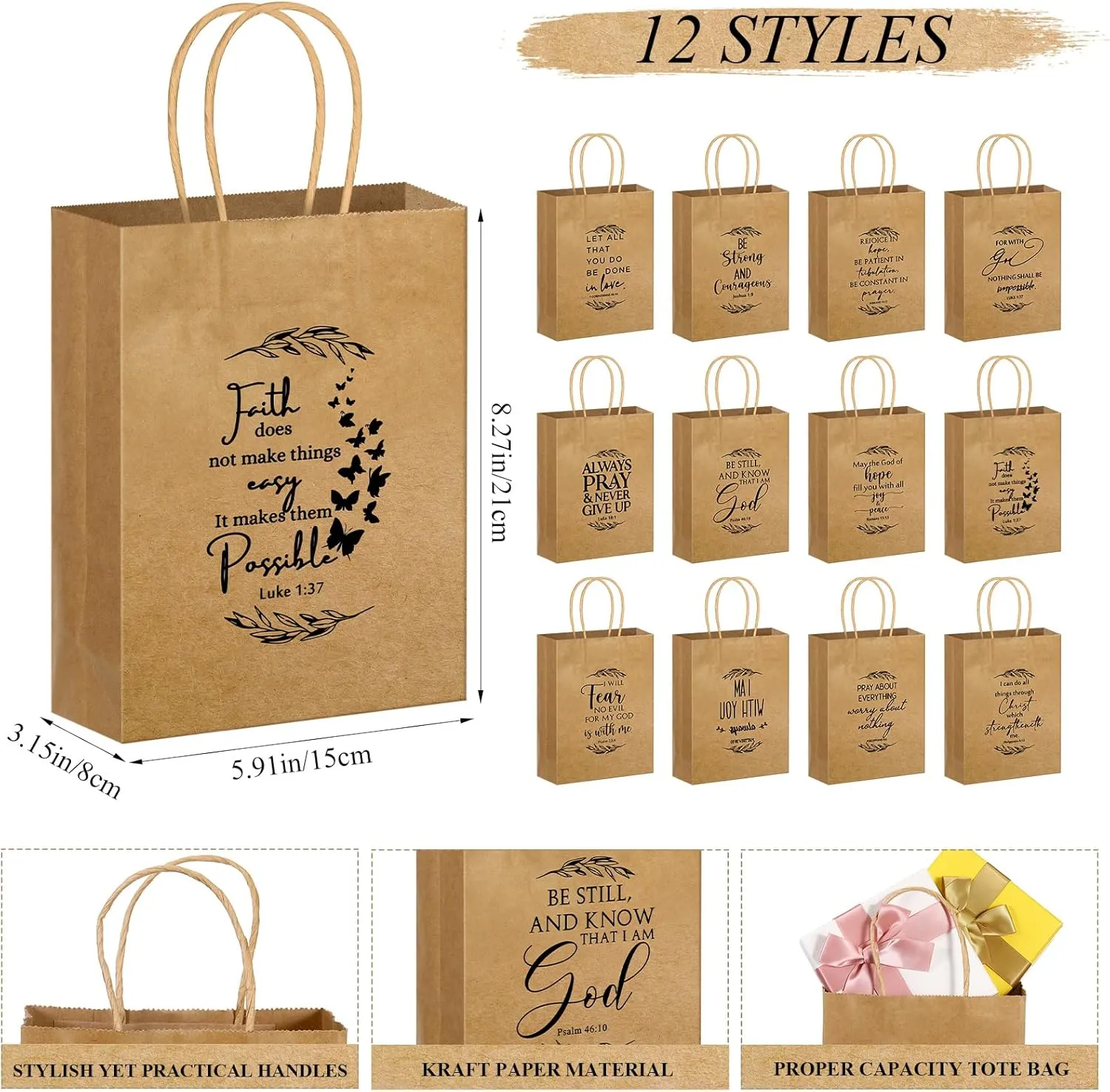 Gersoniel Christian Gift Bag Bulk Religious Kraft Medium Bible Verse Brown Christian Inspirational Church Welcome Gift Bags with Handle for Fathers Day Family Baptism(60 Pcs)