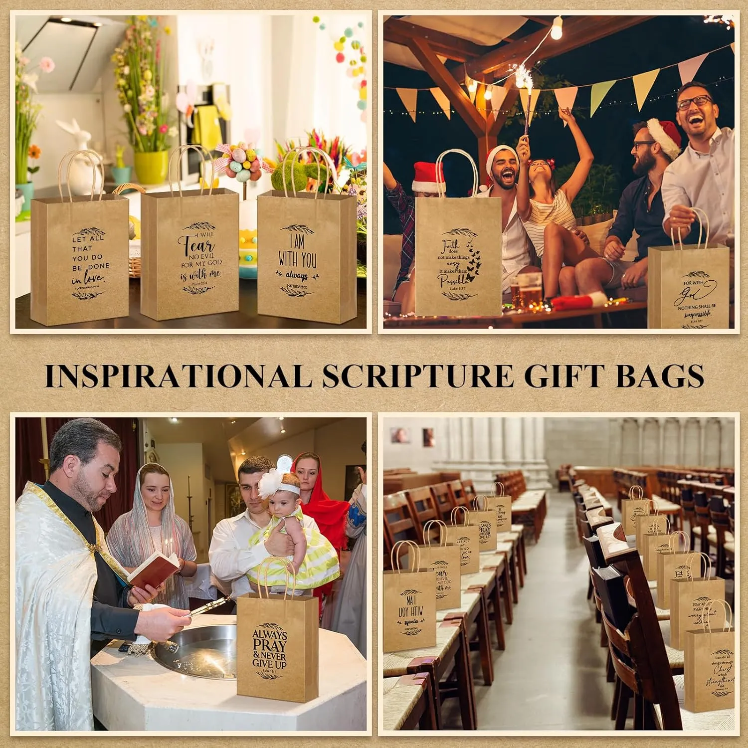 Gersoniel Christian Gift Bag Bulk Religious Kraft Medium Bible Verse Brown Christian Inspirational Church Welcome Gift Bags with Handle for Fathers Day Family Baptism(60 Pcs)